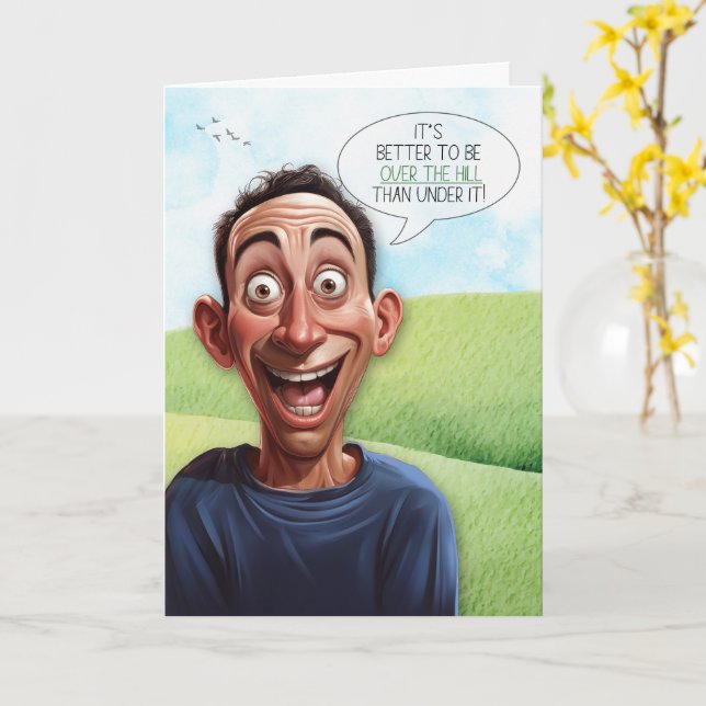 Rolig över backen födelsedagskorttecknad man kort (Gul blomma)