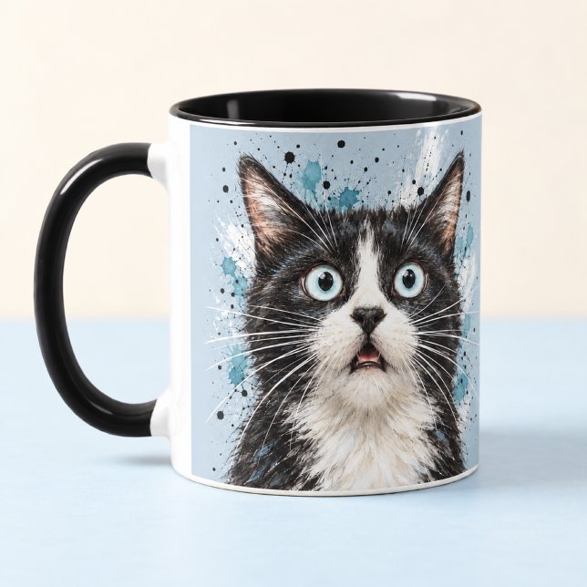 Rolig överraskad smokingkatt akvarellkonst mugg (Skapare uppladdad)