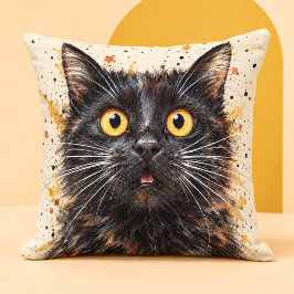 Rolig överraskad svart katt akvarellkonst kudde