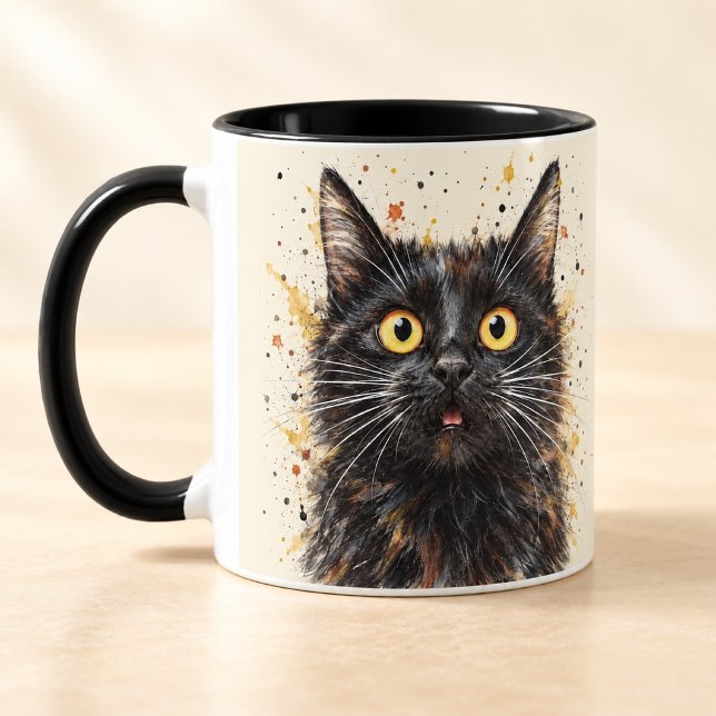 Rolig överraskad svart katt akvarellkonst mugg (Skapare uppladdad)