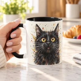 Rolig överraskad svart katt akvarellkonst mugg