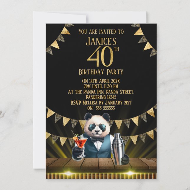 Rolig Panda 40-års födelsedagsfest inbjudan (Framsida)
