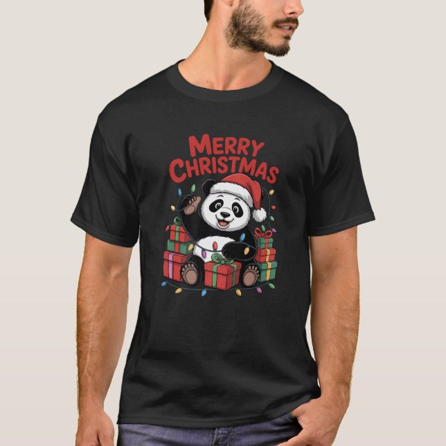 Rolig Panda Santa Hatt Djur Älskare Fula Jul T Shirt (Framsida)