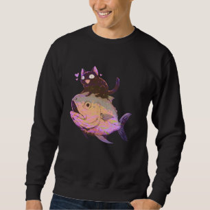Rolig Pastell Goth Kawaii Katt som rider Söt Tonfi Lång Ärmad Tröja