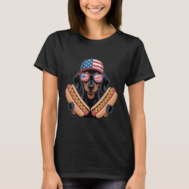 Rolig Patriotisk Dachshund 4:e Juli Hotdog Ameri T Shirt (Framsida)