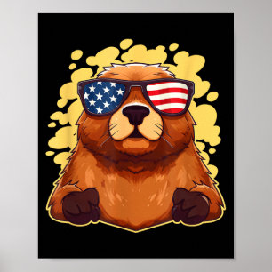 Rolig patriotisk murmeldjur amerikansk flagga 4:e poster