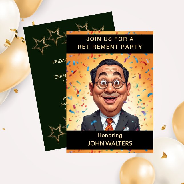 Rolig pensionsfest för arbetskamrat inbjudningar (Funny Retirement Party Caricature Business Man Invitation)