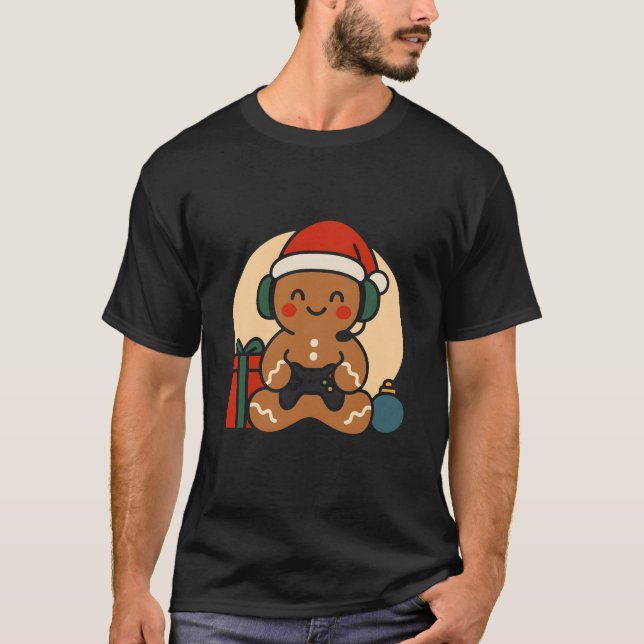 Rolig pepparkaksgamer jul retro kontroller t shirt (Framsida)