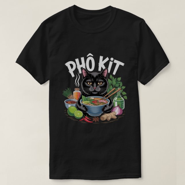 Rolig “Phô Kit” Svart Katt T-Shirt (Design framsida)