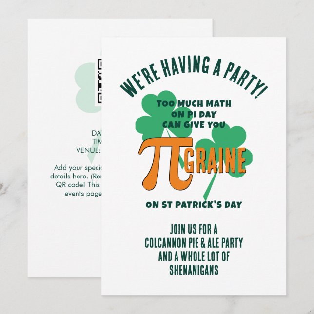 Rolig Pi-dagen QR-kod St Patricks Day Pub-fest Inbjudningar (Fram/baksida)