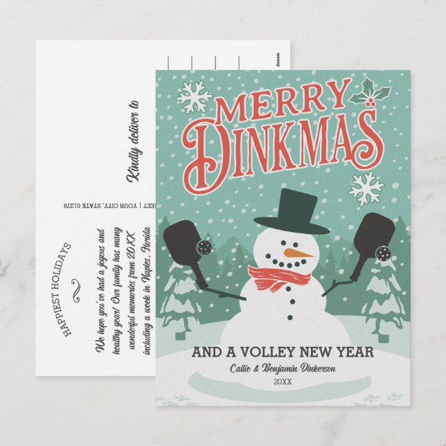 Rolig Pickleball Snöman God Jul Postkort Helg Vykort (Fram/baksida)
