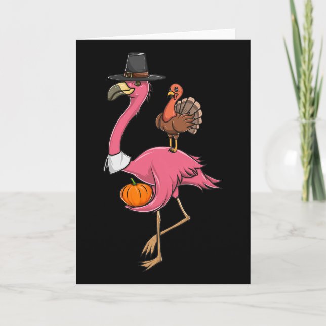 Rolig Pilgrimflamingo För Thanksgiving Med Turkkyc Kort (Framsida)