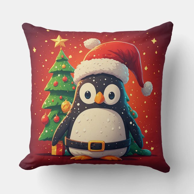🐧 Rolig Pingvin Tomte Julbelysning Tema 🎄 Kudde (Framsida)