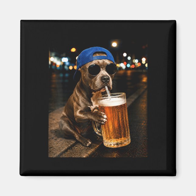 Rolig pitbull-meme dricker öl natt gata magnet (Framsidan)