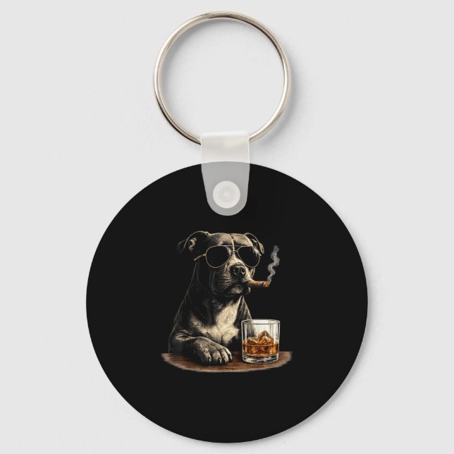 Rolig pitbull-meme som röker cigarr whisky hund pa nyckelring (Framsida)