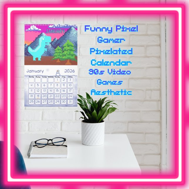 Rolig Pixel-gammal Spelares Pixelartad- Dinosaurie Kalender (Funny Pixel Gamer Pixelated- Dinosaur Illustration Single Page Calendar; 90s Video Games Aesthetic.)