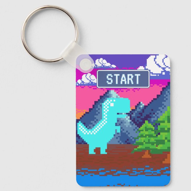 Rolig Pixel-gammal Spelares Pixelartad- Dinosaurie Nyckelring (Framsida)