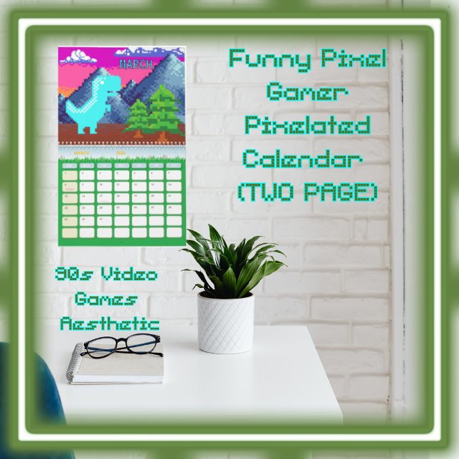 Rolig Pixel Spelare Pixelartad- Dinosaurie Illustr Kalender (Funny Pixel Gamer Pixelated- Dinosaur Illustration (Two Page) Calendar Style Colorful Seasons; )
