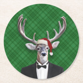 Rolig pläd för grönt för hjort för Santa hattjul Underlägg Papper Rund