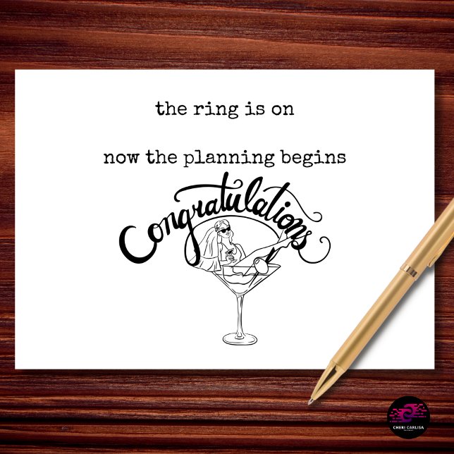 Rolig planering av förlovning börjar Grattis Kort (The ring is on, the plans are starting, and the celebration has officially begun.)