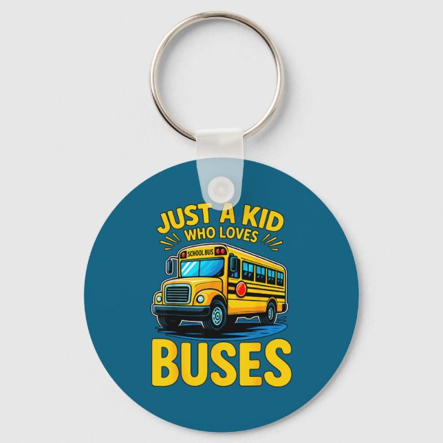 Rolig Pojke Älskar Bussar Skolbuss Nyckelring (Framsida)