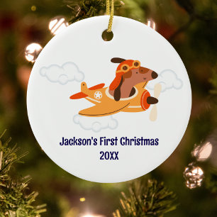 Rolig pojke första julen hund pilot flygplan moln julgransprydnad keramik