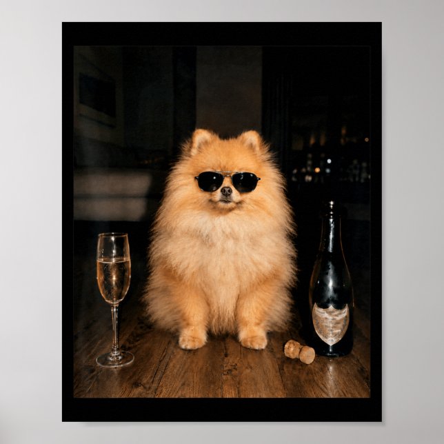 Rolig Pomeranian Dricker Champagne Meme Poster (Framsidan)