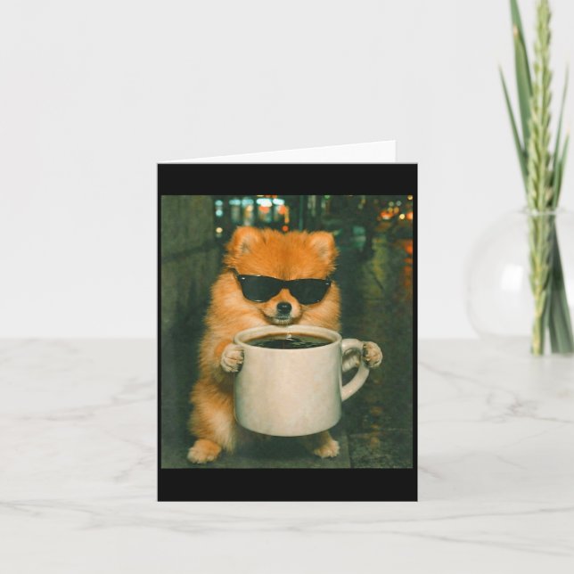 Rolig pomeranian som dricker kaffe meme retro urba kort (Framsida)