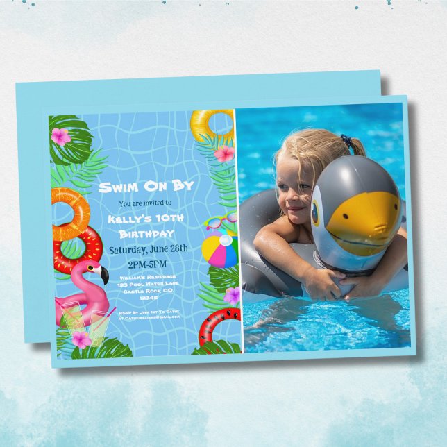 Rolig pool foto fest simma födelsedagsinbjudan inbjudningar (Cute pool invitation that has your photo to make it even more adorable. )