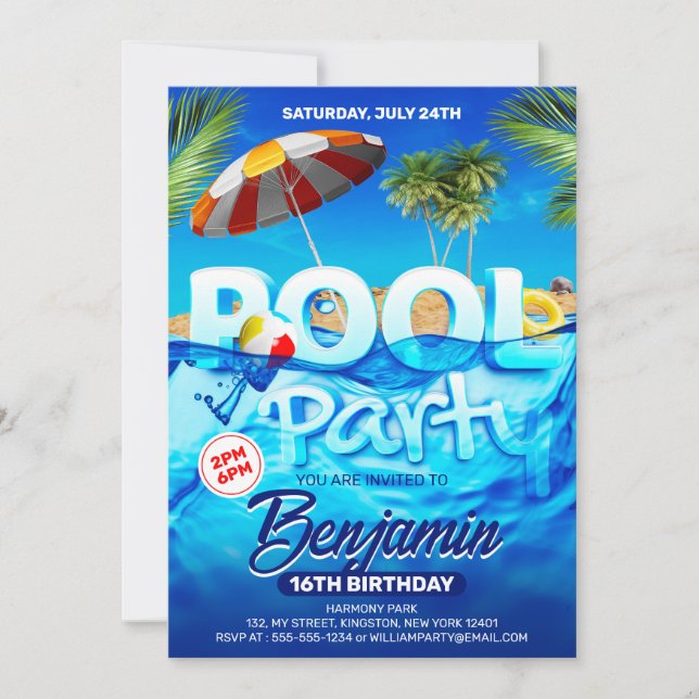 Rolig Poolparty Ljus Tropisk Simning Födelsedag Inbjudningar (Framsida)