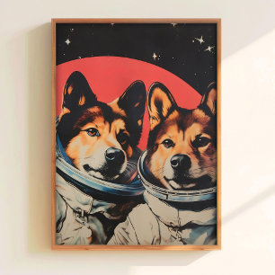 Rolig Poster Hund i Rymden Print Retro 60-Tals Ast