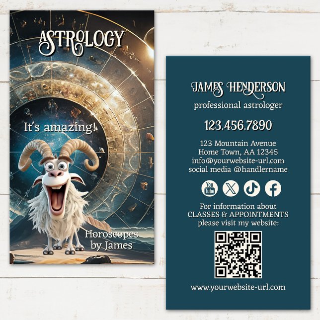 Rolig professionell astrolog visitkort (Professional astrologer business card showing a funny design with an Aries - QR code - social media)