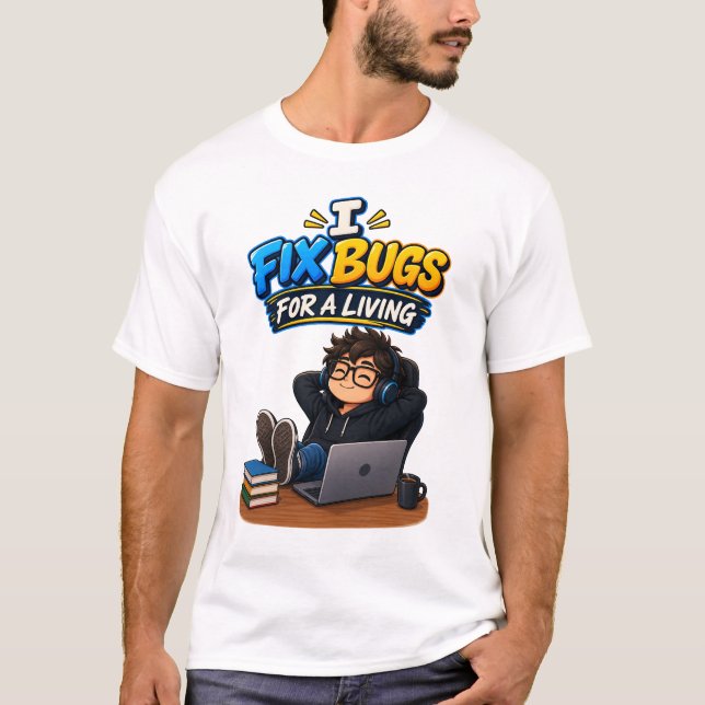 Rolig programmerarhumor – jag fixar buggar för att t shirt (Framsida)