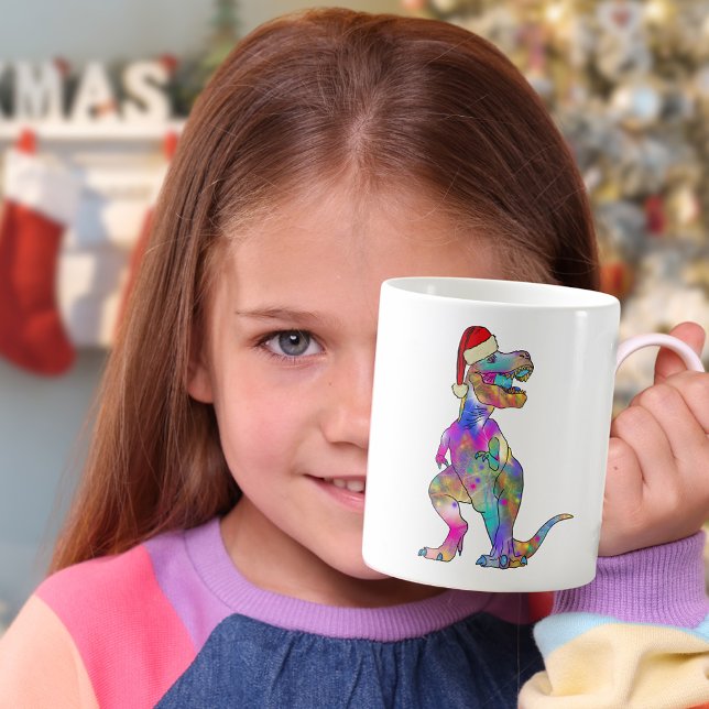 Rolig Psykedelisk Tyrannosaurus Rex Tomte Dinosaur Kaffemugg (Colorful Christmas dinosaur T-Rex wearing a Santa hat pink purple green dino for girls)