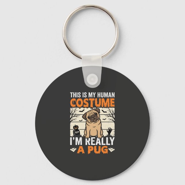 Rolig Pug Halloween Mänsklig Kostym Design Nyckelring (Framsida)