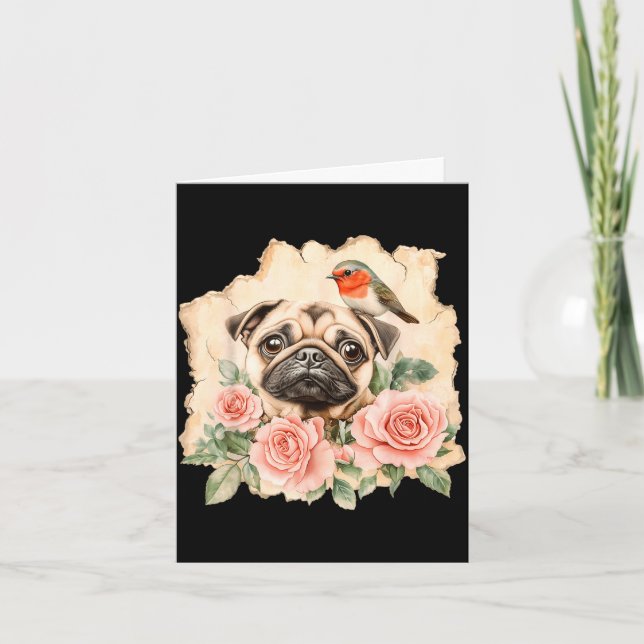 Rolig pug hund fågel söt  kort (Framsida)