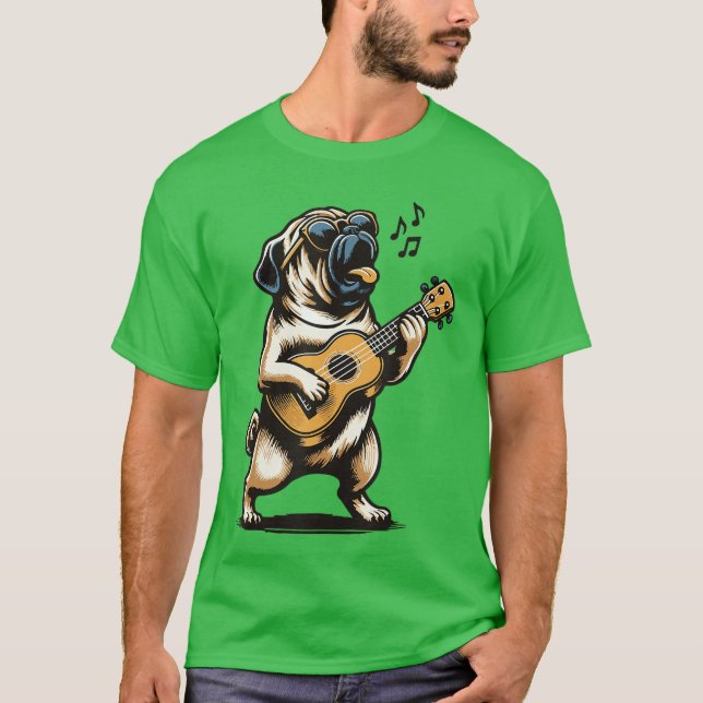 Rolig Pug Hund Spelar Gitarr Sjunger Pugfather T Shirt (Framsida)