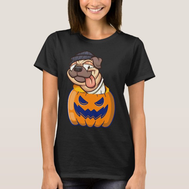 Rolig Pug I Pumpa Halloween 441 T Shirt (Framsida)