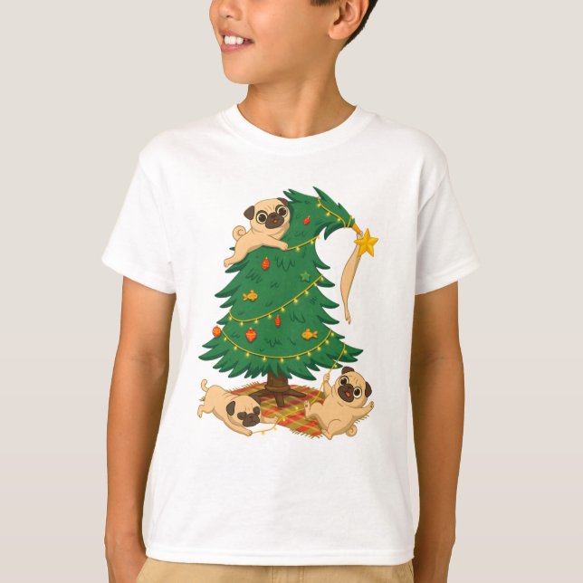 Rolig Pug Julgran Kaos Present T Shirt (Framsida)