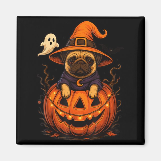 Rolig Pug Ras Husdjur Halloween Pumpa Halloween Magnet (Framsidan)