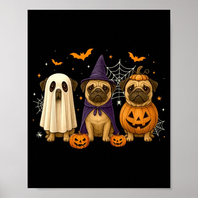 Rolig Pug Spök Häxa Pumpa Halloween Kostym Poster (Framsidan)