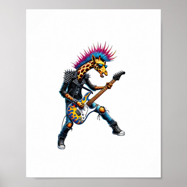 Rolig Punk Giraff, Rock'n Roll Goth Giraff, Gitarr Poster (Framsidan)