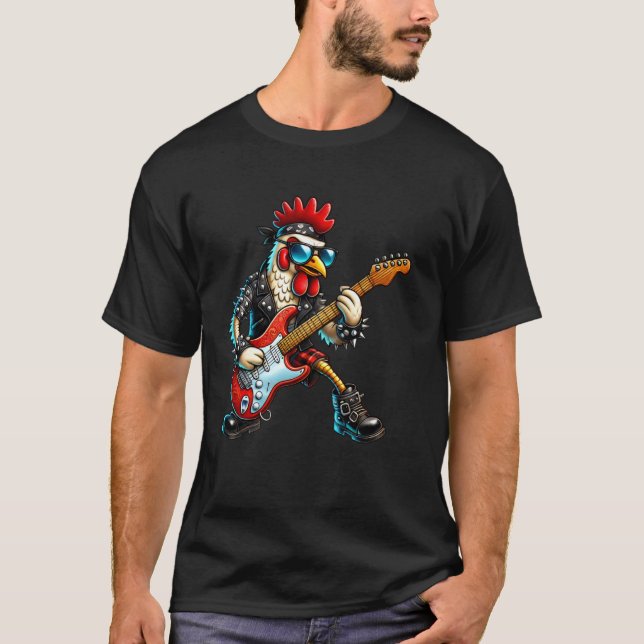 Rolig Punk Kyckling Rock and Roll Kyckling Gitarr  T Shirt (Framsida)