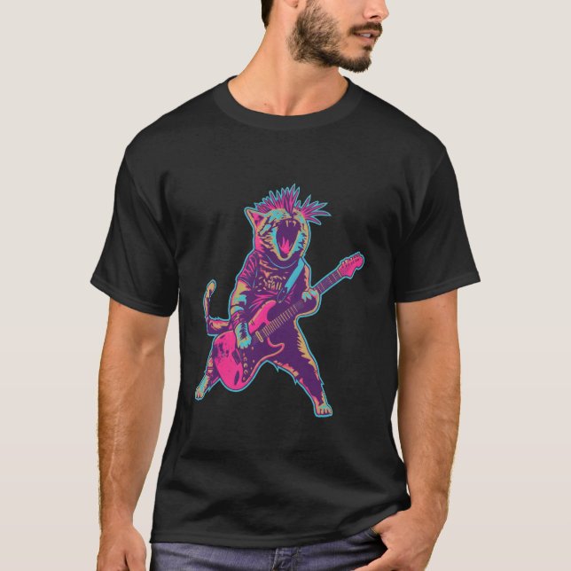 Rolig Punk Rock Katt som Spelar Elgitarr Musik  T Shirt (Framsida)