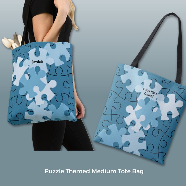 Rolig pusselbild Anpassat namn & motto Blå Tygkasse (Fun Jigsaw Puzzle Custom Name & Motto Blue Tote Bag)