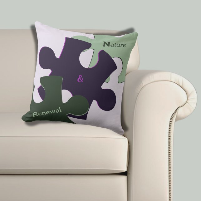 Rolig Pusselpurpurgrön natur & förnyelse  Kudde (Purple Green Nature & Renewal Jigsaw Puzzle Throw Pillow)