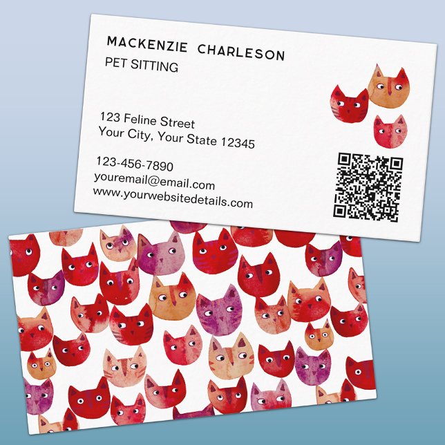 Rolig QR-kod för husdjurskattvakt - Affärspresenta Visitkort (Fun watercolor kitty cat pet or cat sitter business cards)