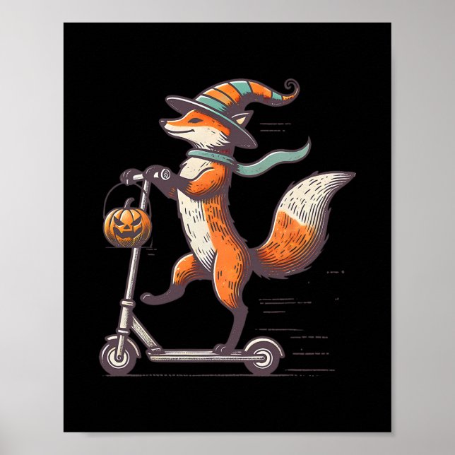 Rolig Räv Ridning på Sparkcykel Fall Pumpa Hallowe Poster (Framsidan)