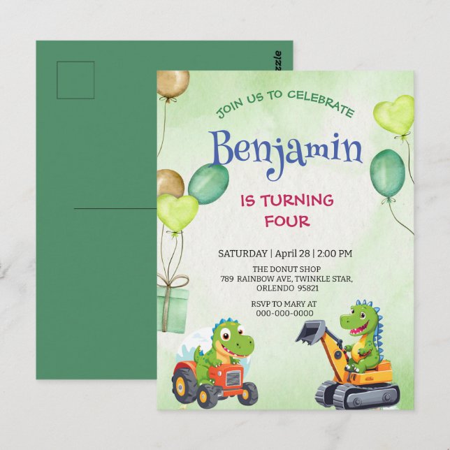 Rolig Rawr T-Rex dinosaur traktor lastbil födelsed Vykort (Fram/baksida)