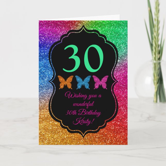 Rolig regnbågsgradient Glitter Gnistrande Födelsed Kort (Framsida)